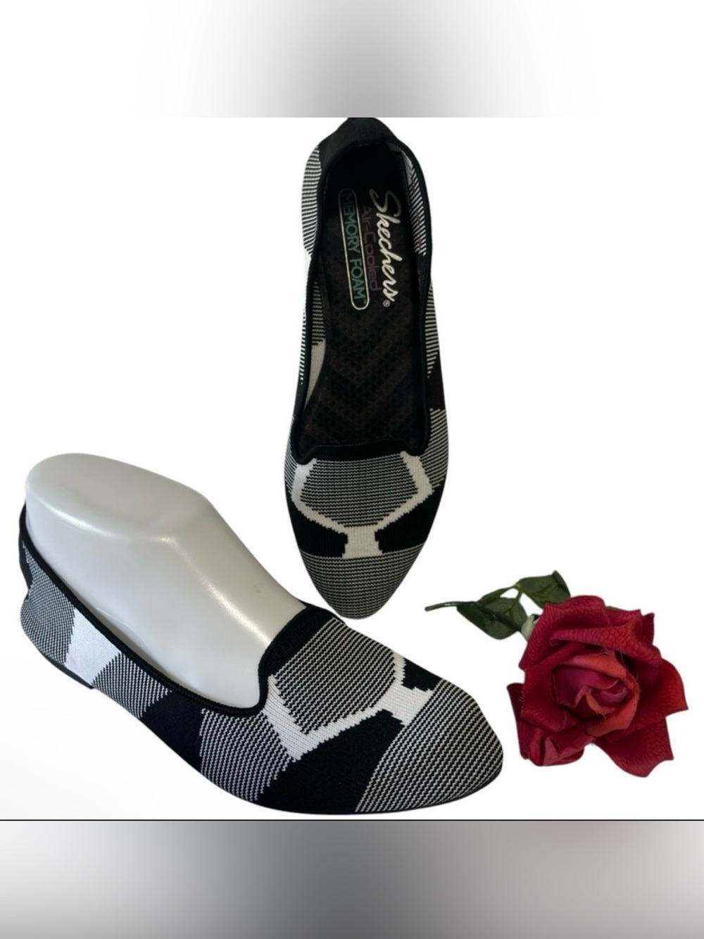 Skechers Cleo Sherlock Knit Slip On Flats Women's Sz 6.5 black white LIKE NEW